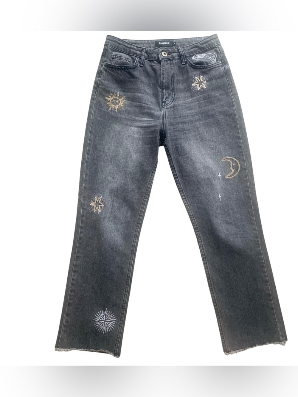 Desigual Lagun Cosmic Astrology Faded Grey Embroidered Jeans Women’s Size Small